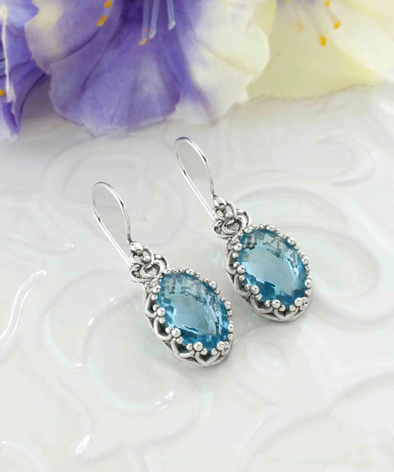 Filigree Art Blue Topaz Gemstone Crown Figured Women Silver Oval Drop Earrings - Drakoi Marketplace