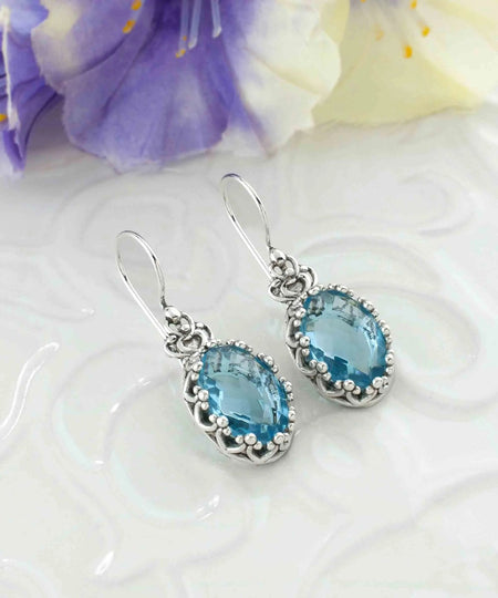 Filigree Art Blue Topaz Gemstone Crown Figured Women Silver Oval Drop Earrings - Drakoi Marketplace