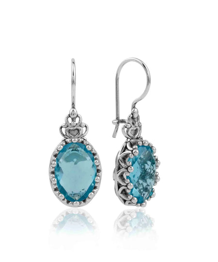 Filigree Art Blue Topaz Gemstone Crown Figured Women Silver Oval Drop Earrings - Drakoi Marketplace