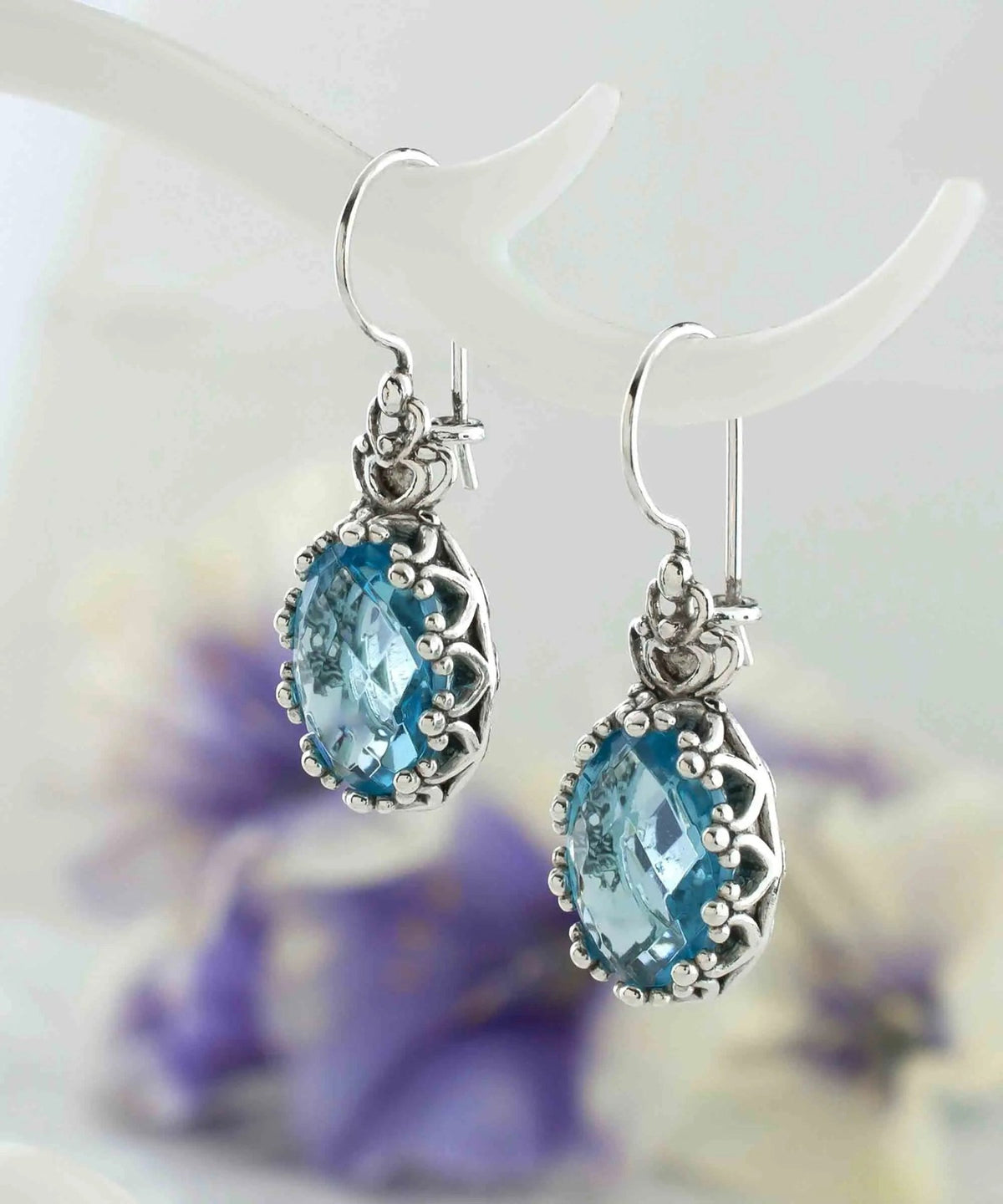 Filigree Art Blue Topaz Gemstone Crown Figured Women Silver Oval Drop Earrings - Drakoi Marketplace