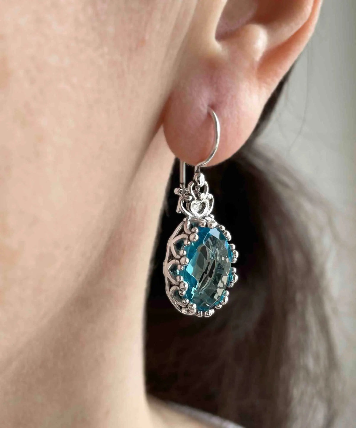 Filigree Art Blue Topaz Gemstone Crown Figured Women Silver Oval Drop Earrings - Drakoi Marketplace