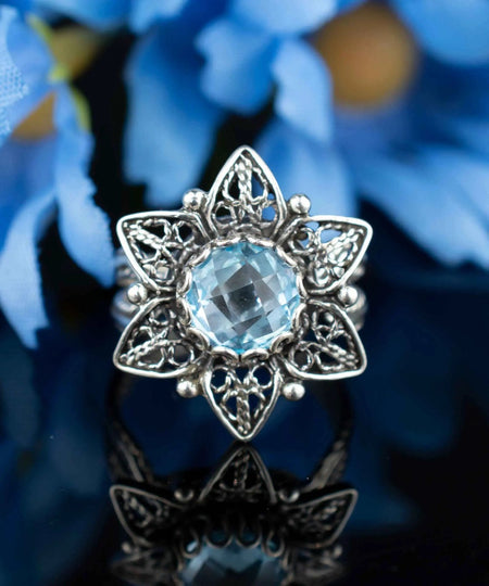 Filigree Art Blue Topaz Gemstone Daisy Flower Women Silver Cocktail Ring - Drakoi Marketplace