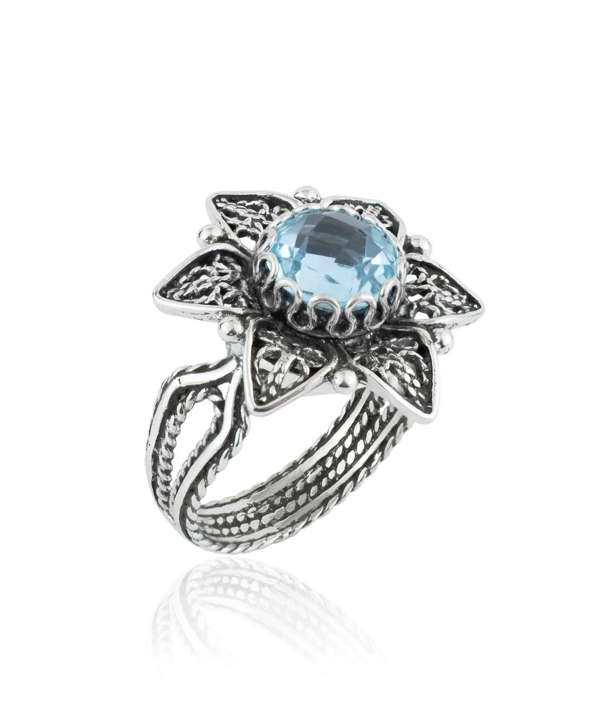 Filigree Art Blue Topaz Gemstone Daisy Flower Women Silver Cocktail Ring - Drakoi Marketplace