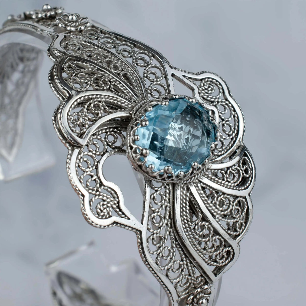 Filigree Art Blue Topaz Gemstone Double Swan Figured Women Silver Cuff Bracelet - Drakoi Marketplace