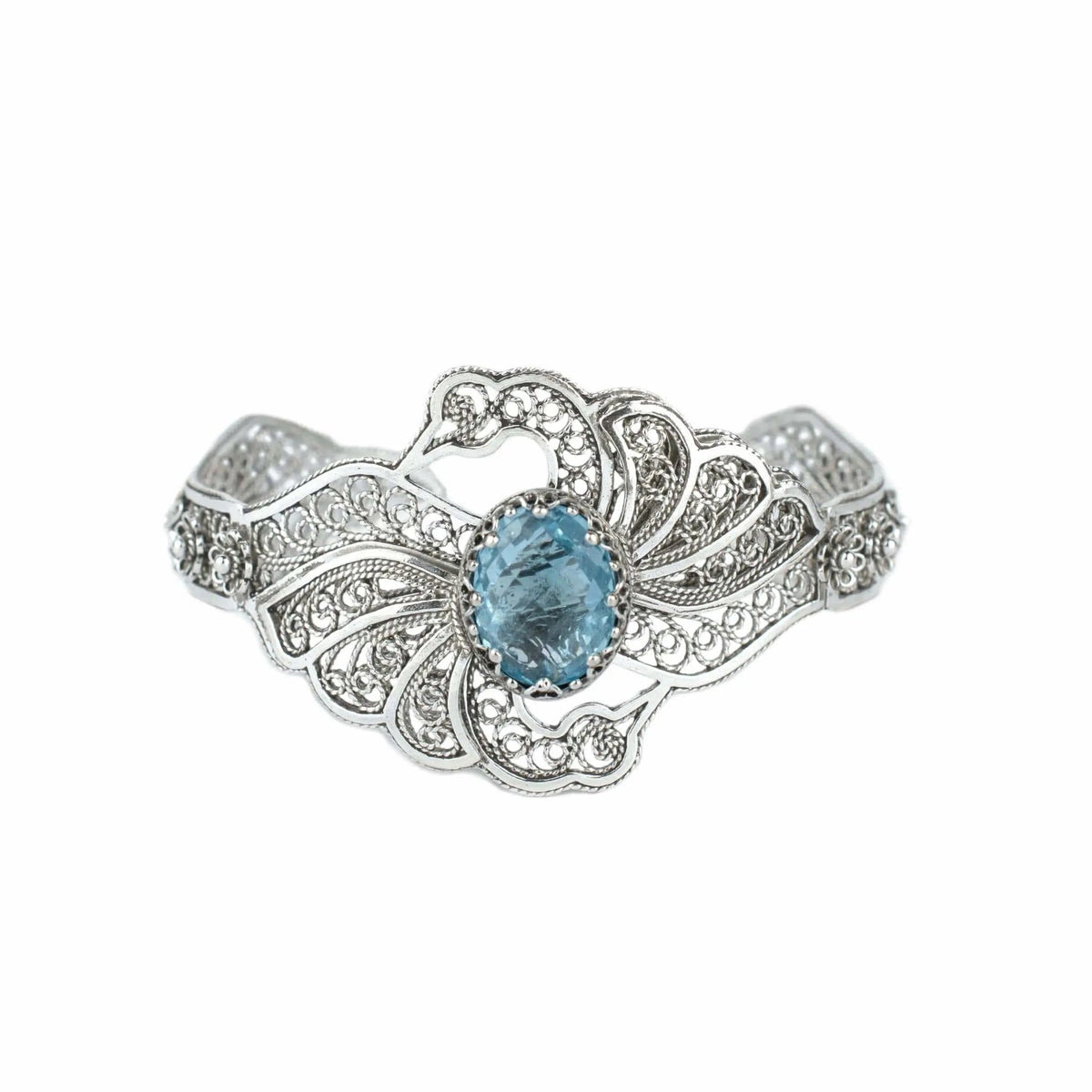 Filigree Art Blue Topaz Gemstone Double Swan Figured Women Silver Cuff Bracelet - Drakoi Marketplace