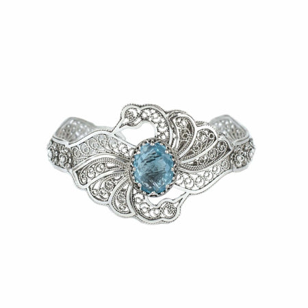 Filigree Art Blue Topaz Gemstone Double Swan Figured Women Silver Cuff Bracelet - Drakoi Marketplace