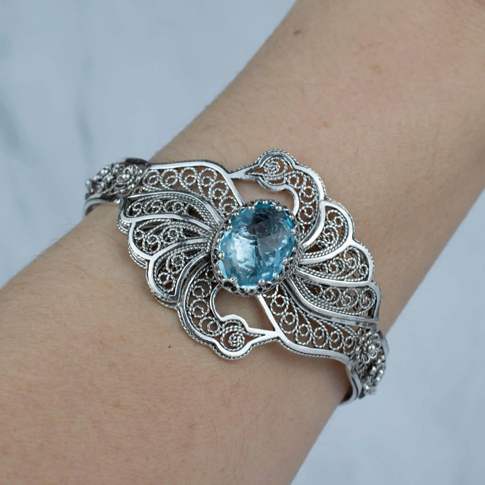 Filigree Art Blue Topaz Gemstone Double Swan Figured Women Silver Cuff Bracelet - Drakoi Marketplace