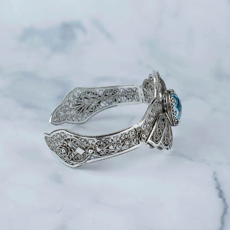 Filigree Art Blue Topaz Gemstone Double Swan Figured Women Silver Cuff Bracelet - Drakoi Marketplace