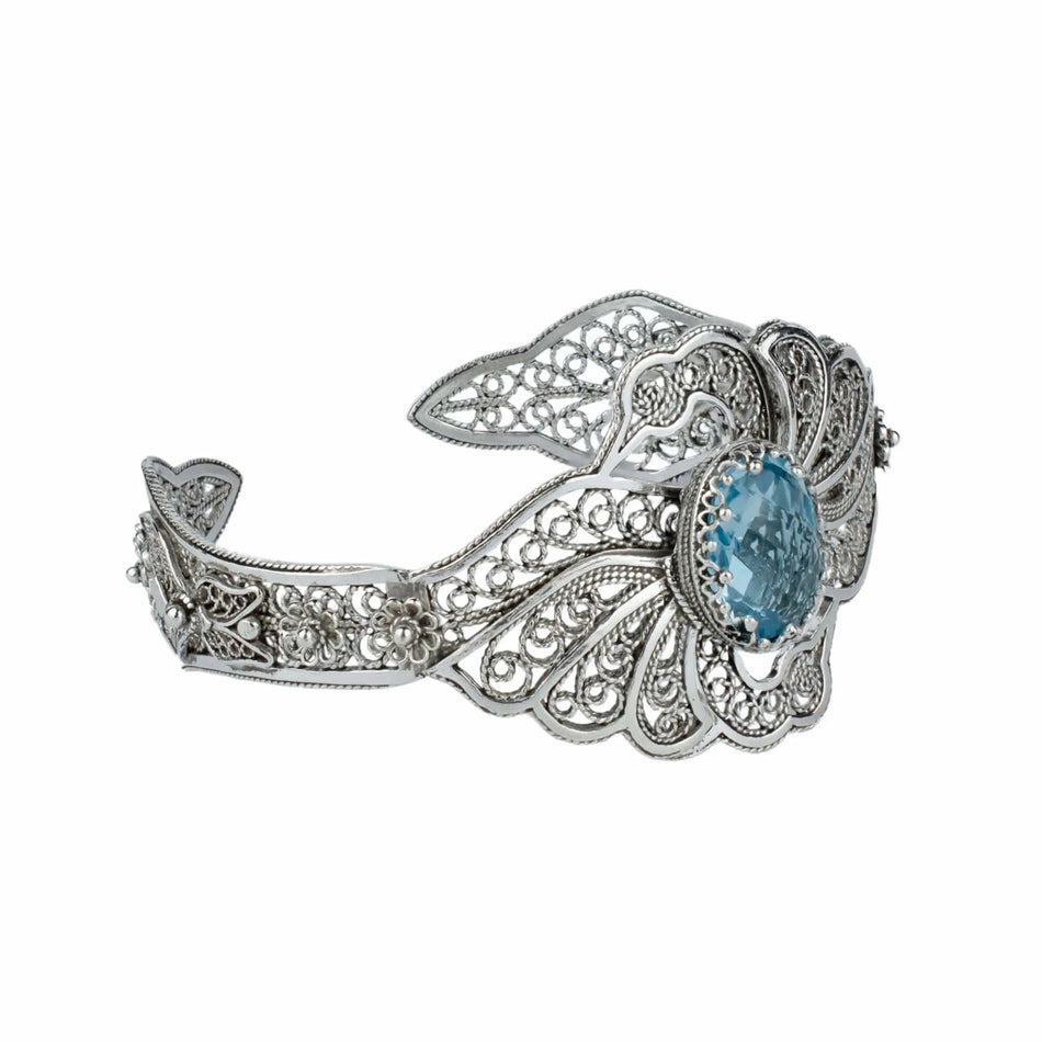 Filigree Art Blue Topaz Gemstone Double Swan Figured Women Silver Cuff Bracelet - Drakoi Marketplace