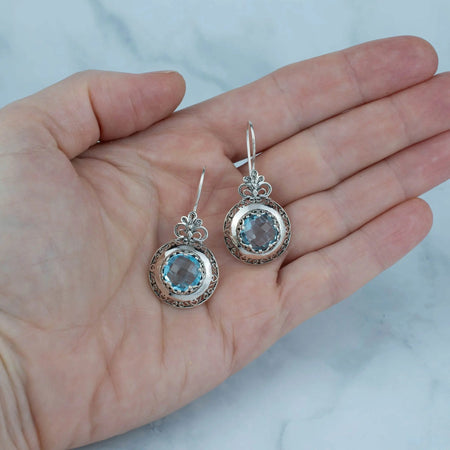 Filigree Art Blue Topaz Gemstone Floral Design Women Silver Drop Earrings - Drakoi Marketplace