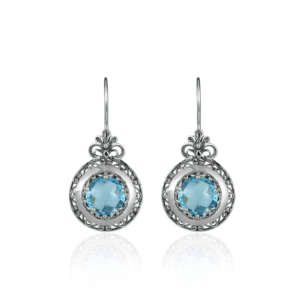 Filigree Art Blue Topaz Gemstone Floral Design Women Silver Drop Earrings - Drakoi Marketplace