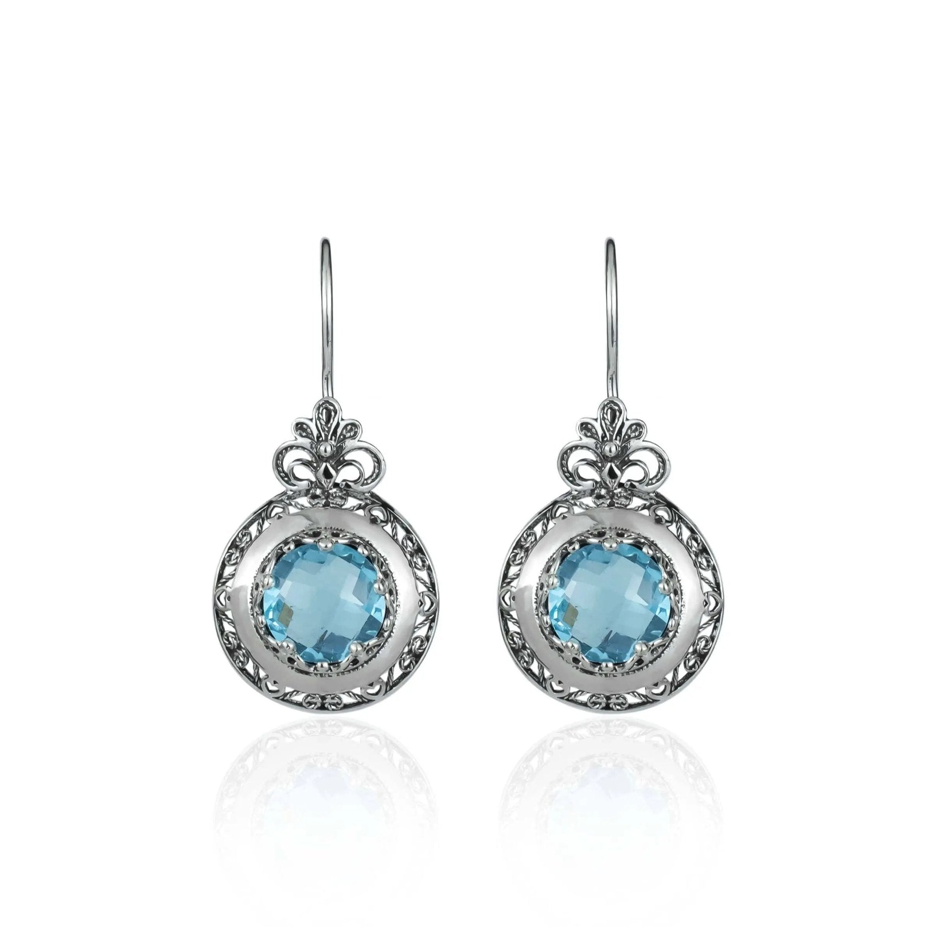 Filigree Art Blue Topaz Gemstone Floral Design Women Silver Drop Earrings - Drakoi Marketplace