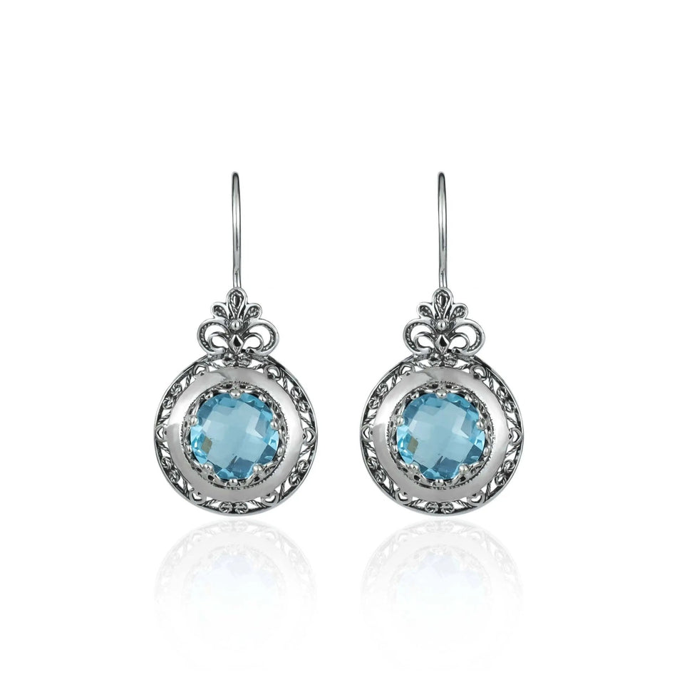 Filigree Art Blue Topaz Gemstone Floral Design Women Silver Drop Earrings - Drakoi Marketplace