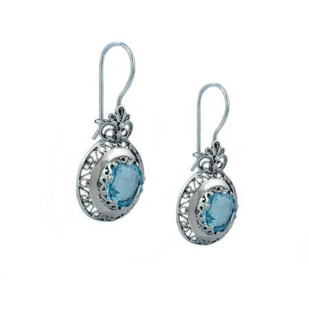 Filigree Art Blue Topaz Gemstone Floral Design Women Silver Drop Earrings - Drakoi Marketplace