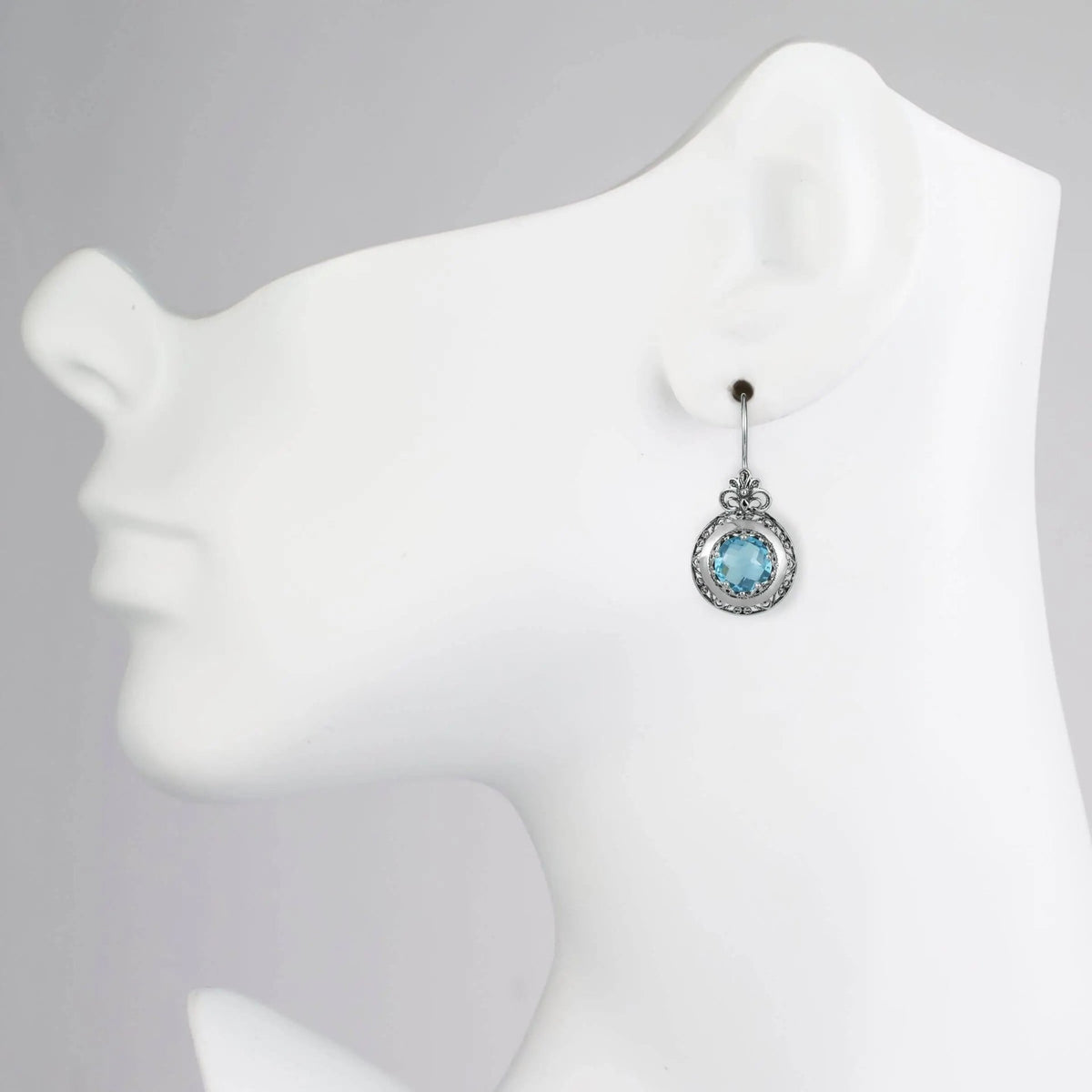 Filigree Art Blue Topaz Gemstone Floral Design Women Silver Drop Earrings - Drakoi Marketplace