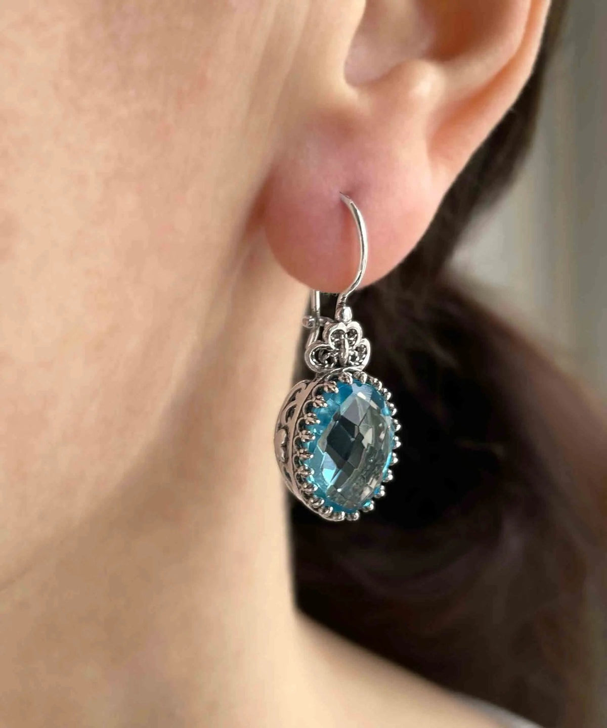 Filigree Art Blue Topaz Gemstone Heart Detailed Women Silver Oval Drop Earrings - Drakoi Marketplace