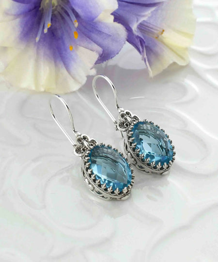 Filigree Art Blue Topaz Gemstone Heart Detailed Women Silver Oval Drop Earrings - Drakoi Marketplace