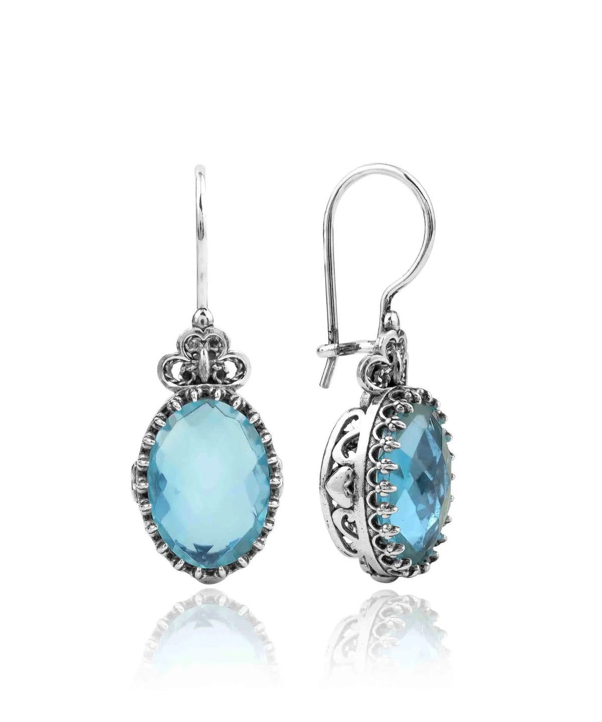 Filigree Art Blue Topaz Gemstone Heart Detailed Women Silver Oval Drop Earrings - Drakoi Marketplace