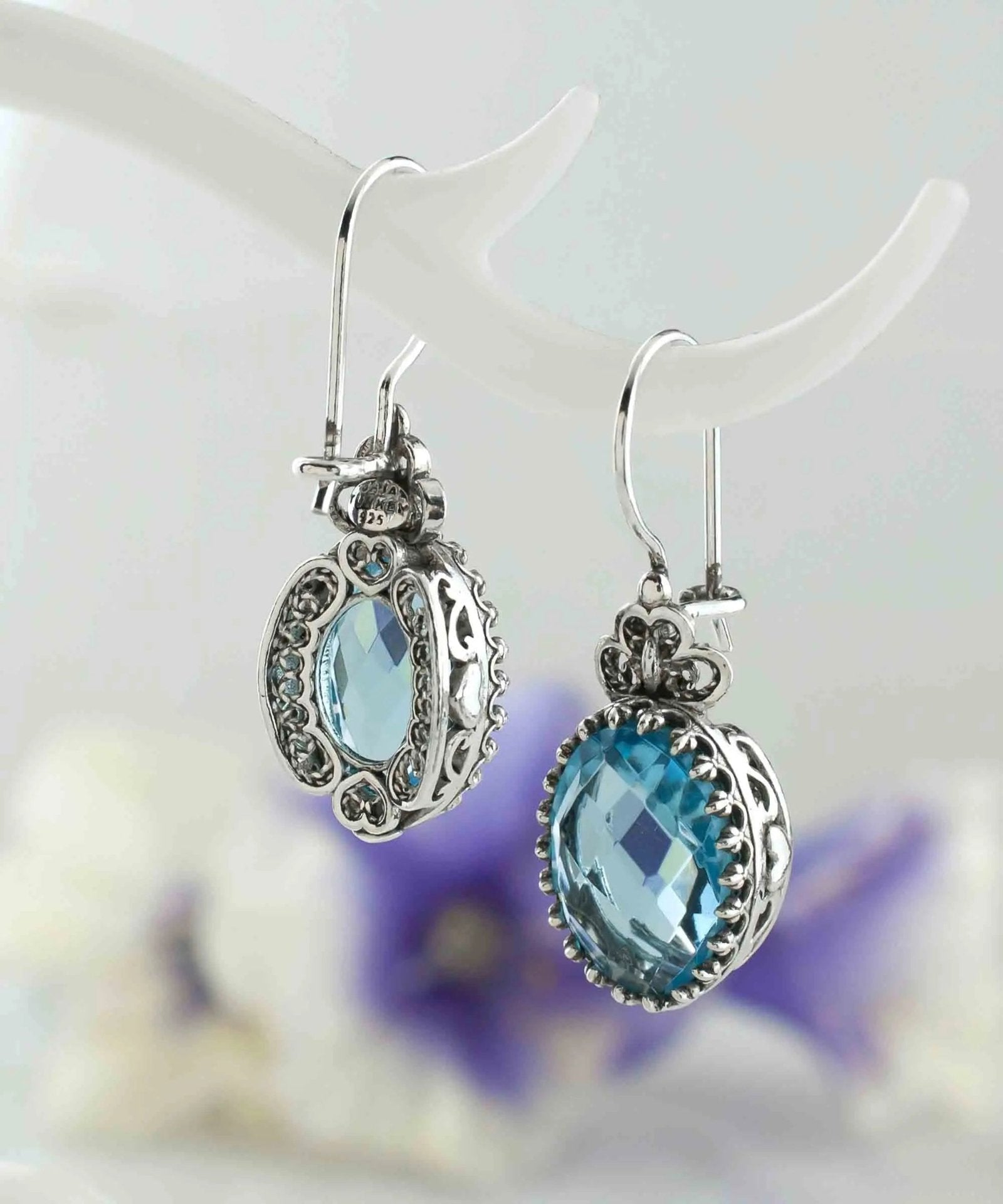 Filigree Art Blue Topaz Gemstone Heart Detailed Women Silver Oval Drop Earrings - Drakoi Marketplace