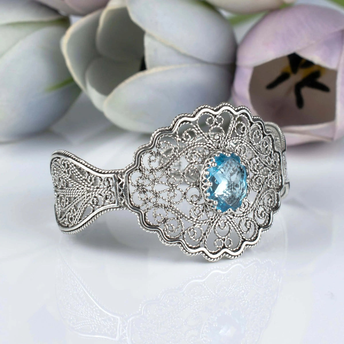 Filigree Art Blue Topaz Gemstone Lace Detailed Women Silver Cuff Bracelet - Drakoi Marketplace