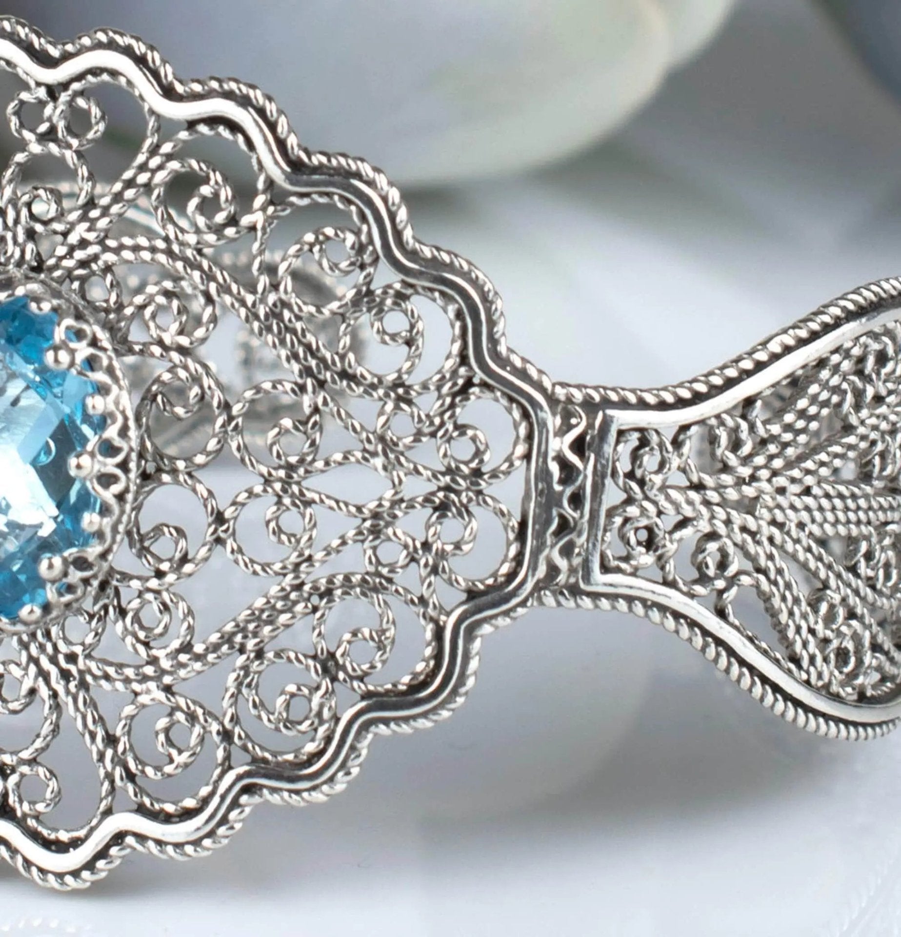 Filigree Art Blue Topaz Gemstone Lace Detailed Women Silver Cuff Bracelet - Drakoi Marketplace