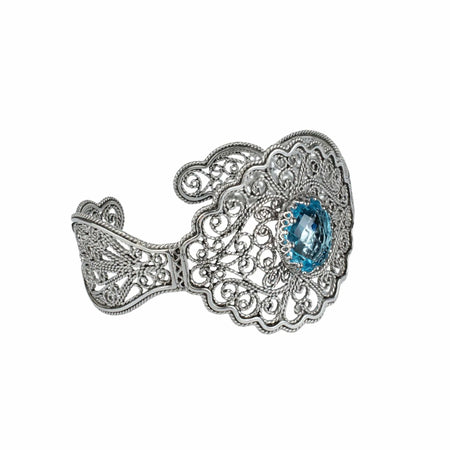 Filigree Art Blue Topaz Gemstone Lace Detailed Women Silver Cuff Bracelet - Drakoi Marketplace