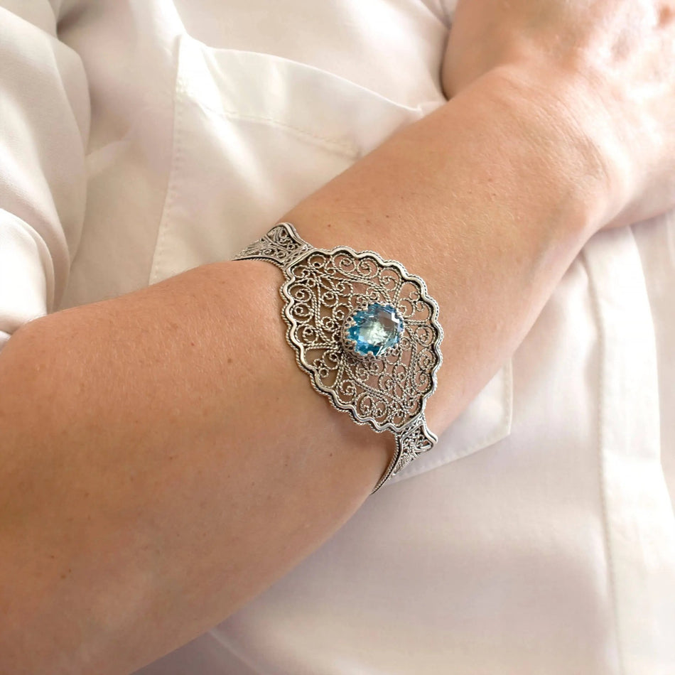 Filigree Art Blue Topaz Gemstone Lace Detailed Women Silver Cuff Bracelet - Drakoi Marketplace