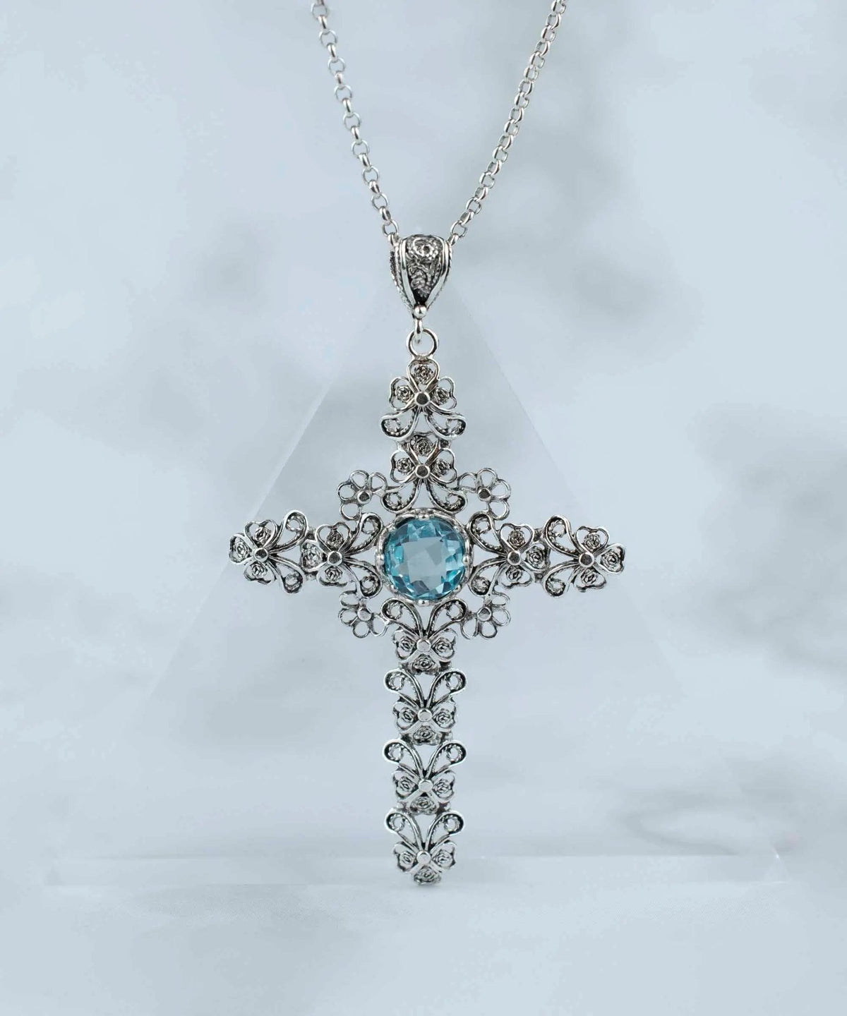 Filigree Art Blue Topaz Gemstone Silver Cross Design Women Pendant Necklace - Drakoi Marketplace