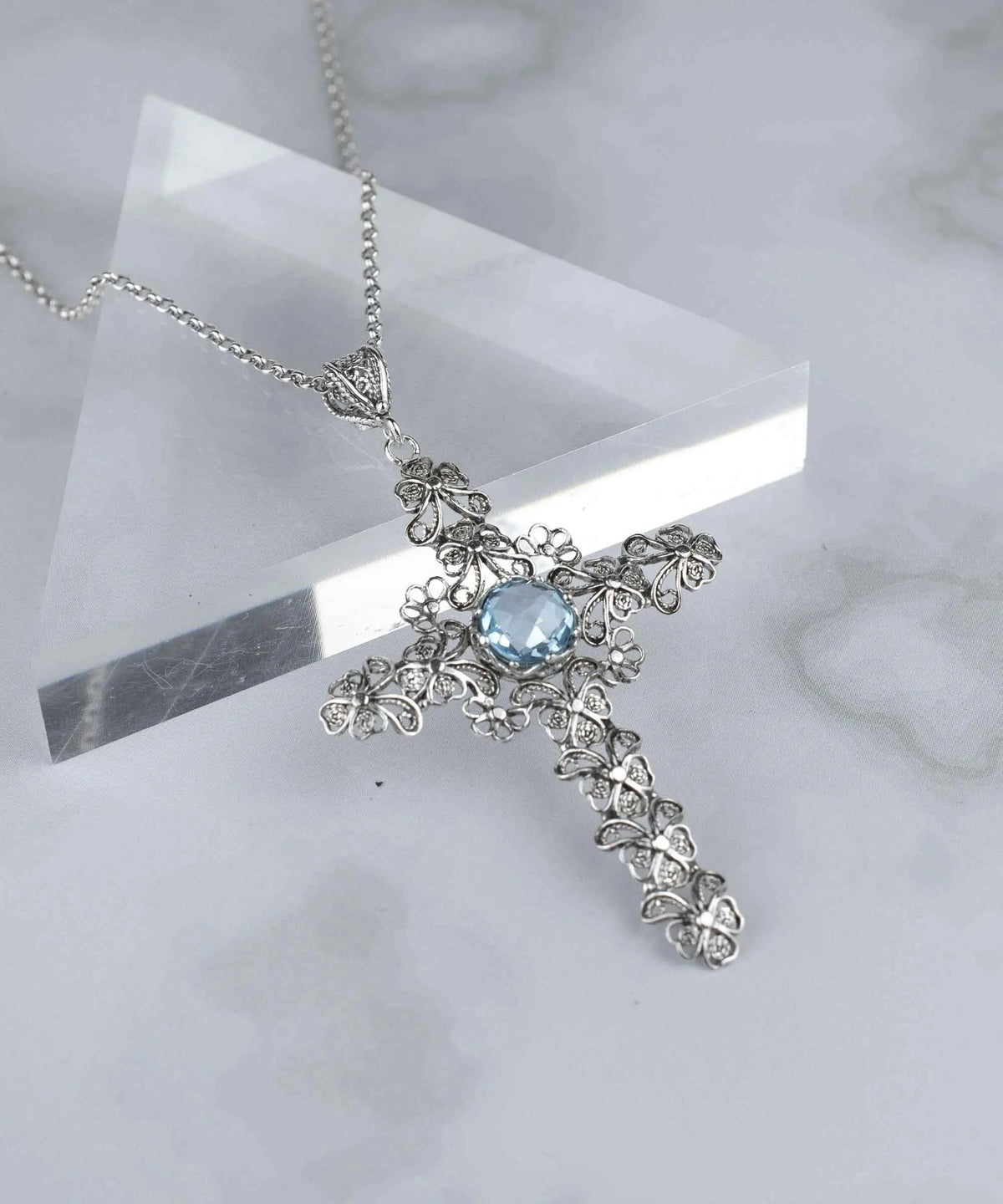 Filigree Art Blue Topaz Gemstone Silver Cross Design Women Pendant Necklace - Drakoi Marketplace