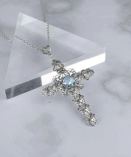 Filigree Art Blue Topaz Gemstone Silver Cross Design Women Pendant Necklace - Drakoi Marketplace