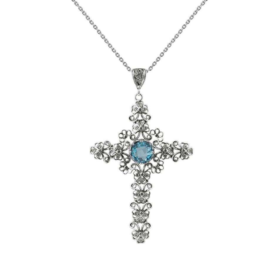 Filigree Art Blue Topaz Gemstone Silver Cross Design Women Pendant Necklace - Drakoi Marketplace