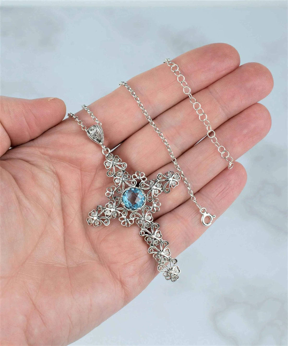 Filigree Art Blue Topaz Gemstone Silver Cross Design Women Pendant Necklace - Drakoi Marketplace