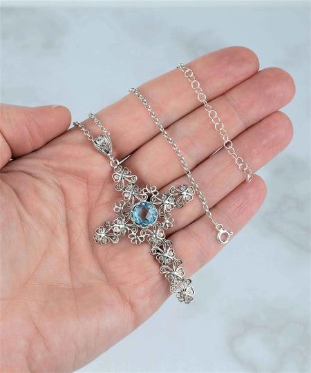 Filigree Art Blue Topaz Gemstone Silver Cross Design Women Pendant Necklace - Drakoi Marketplace