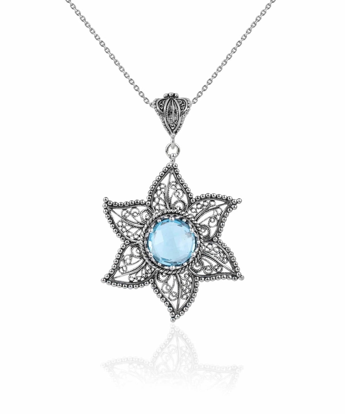 Filigree Art Blue Topaz Gemstone Star Design Women Silver Pendant Necklace - Drakoi Marketplace