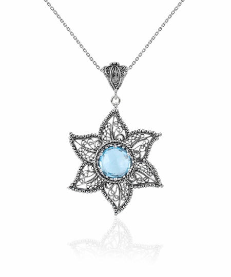 Filigree Art Blue Topaz Gemstone Star Design Women Silver Pendant Necklace - Drakoi Marketplace