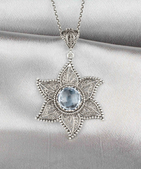 Filigree Art Blue Topaz Gemstone Star Design Women Silver Pendant Necklace - Drakoi Marketplace