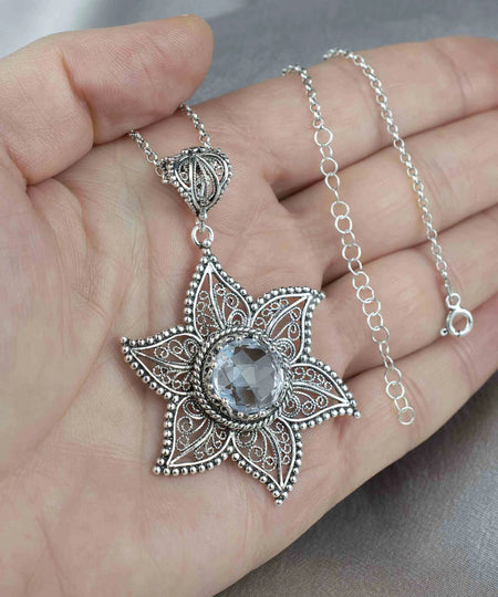 Filigree Art Blue Topaz Gemstone Star Design Women Silver Pendant Necklace - Drakoi Marketplace