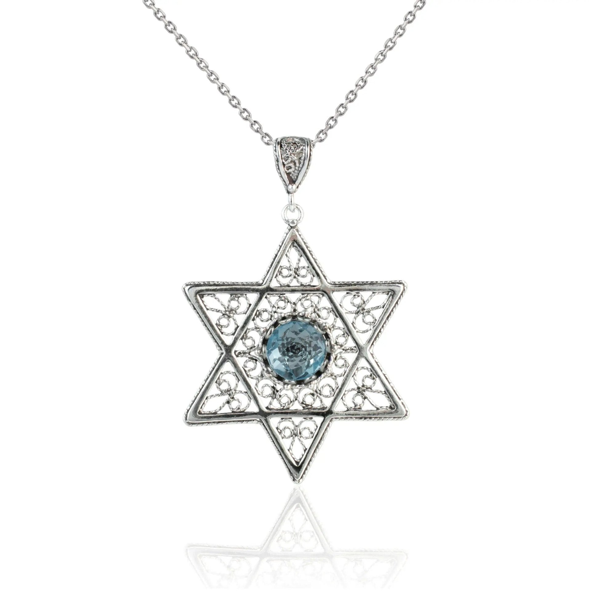 Filigree Art Blue Topaz Gemstone Star of David Women Silver Pendant Necklace - Drakoi Marketplace