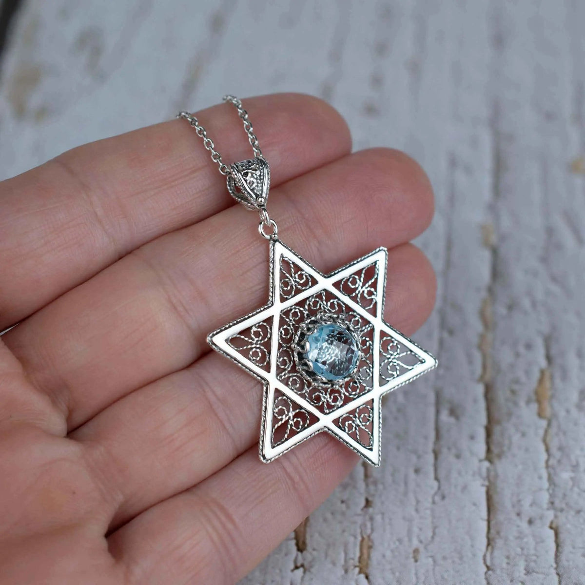 Filigree Art Blue Topaz Gemstone Star of David Women Silver Pendant Necklace - Drakoi Marketplace