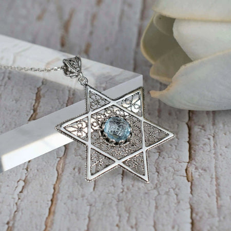 Filigree Art Blue Topaz Gemstone Star of David Women Silver Pendant Necklace - Drakoi Marketplace