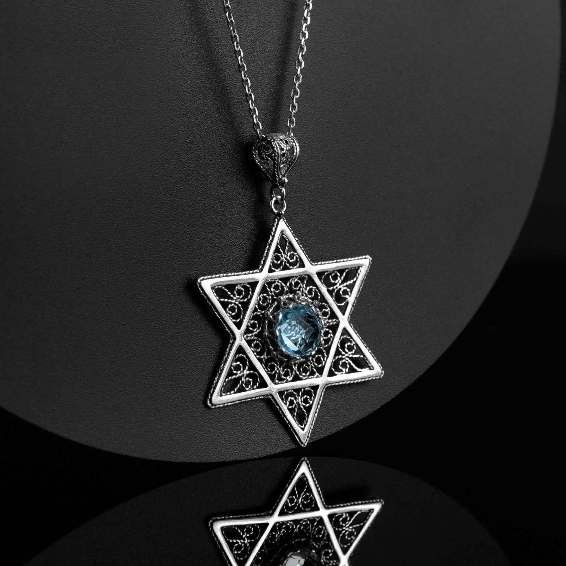 Filigree Art Blue Topaz Gemstone Star of David Women Silver Pendant Necklace - Drakoi Marketplace