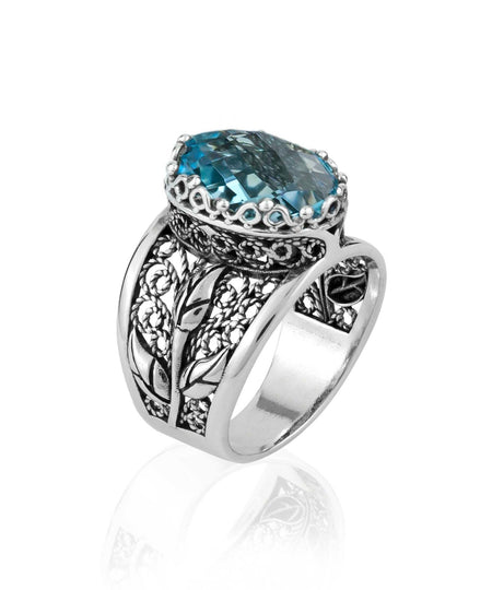 Filigree Art Blue Topaz Gemstone Tulip Detailed Silver Women Statement Ring - Drakoi Marketplace