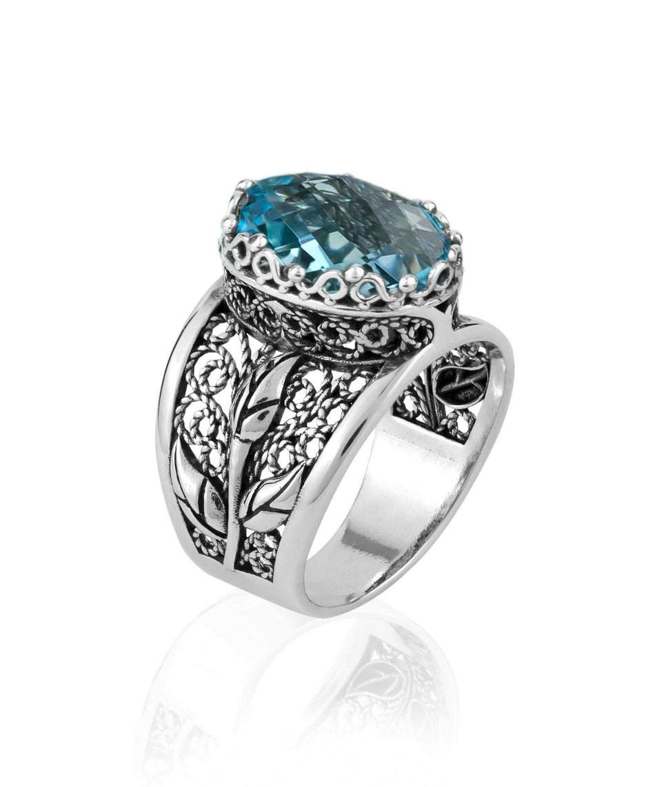 Filigree Art Blue Topaz Gemstone Tulip Detailed Silver Women Statement Ring - Drakoi Marketplace