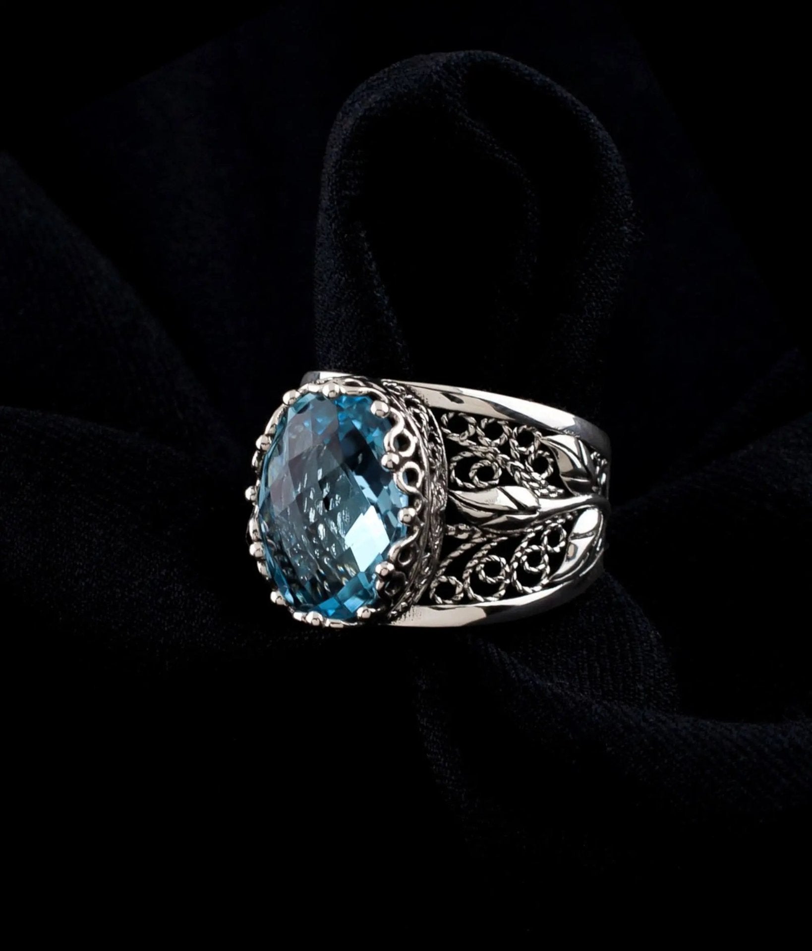 Filigree Art Blue Topaz Gemstone Tulip Detailed Silver Women Statement Ring - Drakoi Marketplace