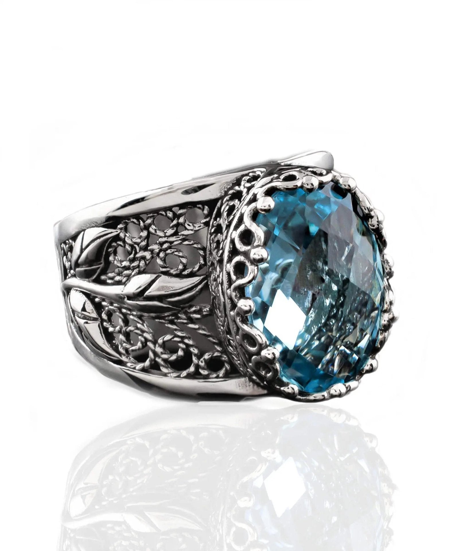 Filigree Art Blue Topaz Gemstone Tulip Detailed Silver Women Statement Ring - Drakoi Marketplace