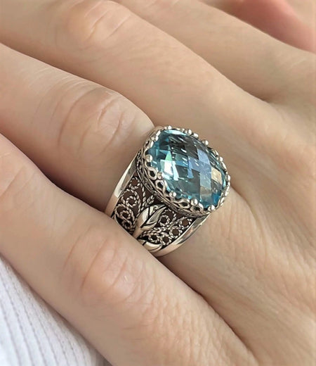 Filigree Art Blue Topaz Gemstone Tulip Detailed Silver Women Statement Ring - Drakoi Marketplace