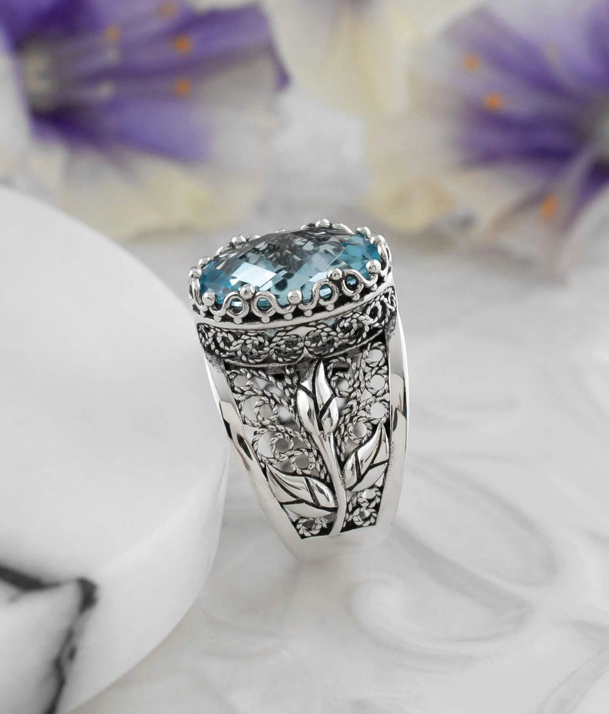 Filigree Art Blue Topaz Gemstone Tulip Detailed Silver Women Statement Ring - Drakoi Marketplace