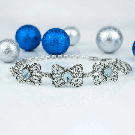 Filigree Art Blue Topaz Gemstone Women Butterfly Silver Link Bracelet - Drakoi Marketplace