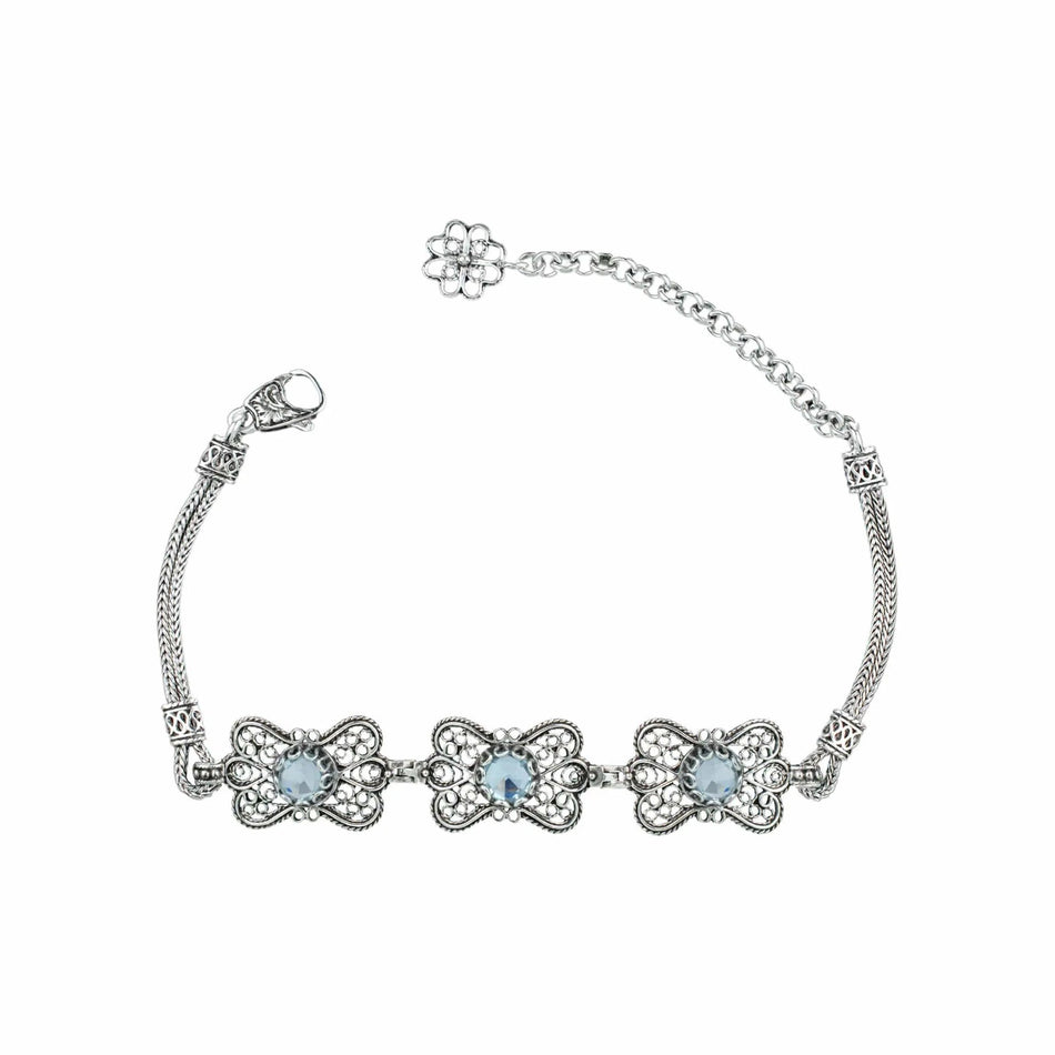 Filigree Art Blue Topaz Gemstone Women Butterfly Silver Link Bracelet - Drakoi Marketplace