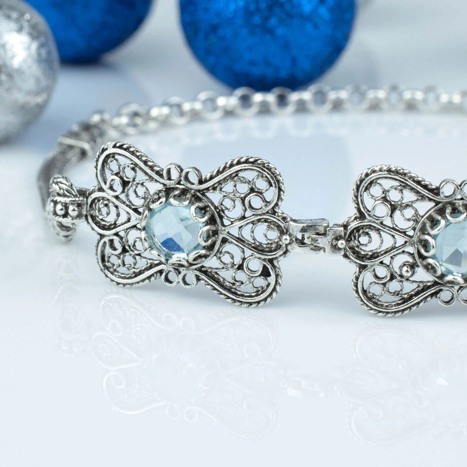 Filigree Art Blue Topaz Gemstone Women Butterfly Silver Link Bracelet - Drakoi Marketplace
